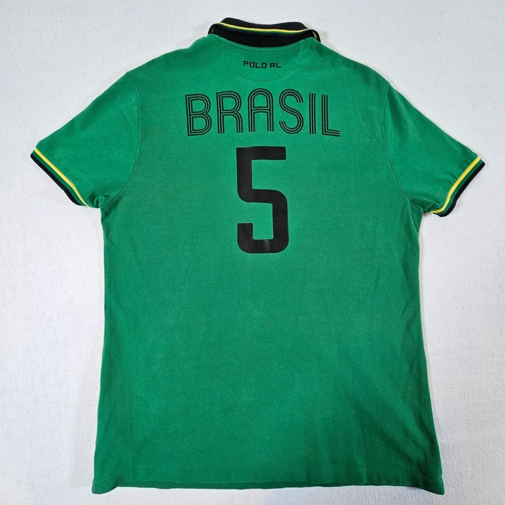 Polo Ralph Lauren Polo Shirt Mens L Green Brazil #5 Custom Slim Fit Logo Sash